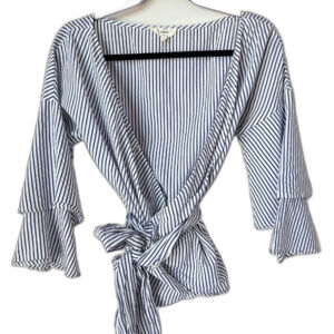 entro Striped Wrap Bell-Sleeve Top 100% Cotton Blue/White Size Small